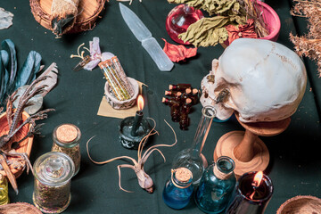 Witchcraft ceremony arranged with witch religious magic symbols. Magic items and tools. Black magic...