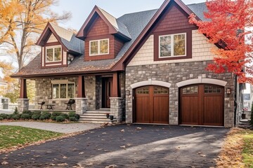 State-of-the-Art Layout & Magnificent Design: Burgundy Siding Home with Single Car Garage & Natural Stone Entrance, generative AI