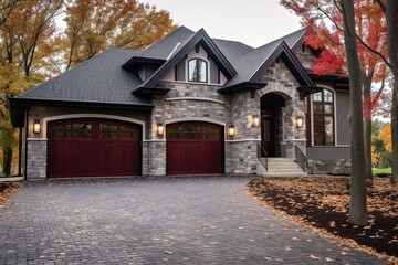 Newly Built Majestic Dwelling with Modern Aesthetic and Two-Car Garage, Featuring Burgundy Siding and Natural Stone Walls, generative AI