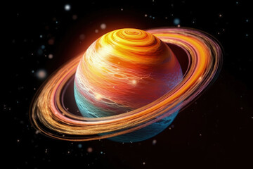 Celestial Symphony: A vibrant planet with swirling bands and radiant rings is set against the infinite expanse of a starry cosmos.