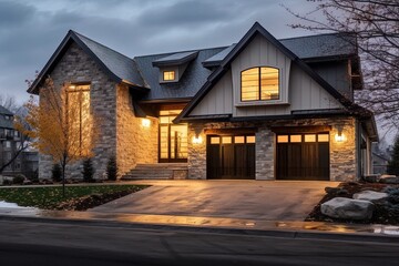 Fototapeta na wymiar Modern Aesthetic, Majestic New Dwelling with Two-Car Garage and White Siding, Accentuated by Natural Stone Walls, generative AI