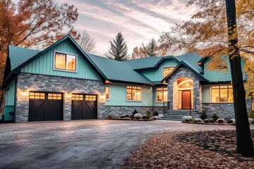 Modern Aesthetic: Majestic Newly Built Dwelling with Two-Car Garage, Mint Green Siding, and Natural Stone Walls, generative AI