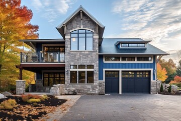 Modern Aesthetic: Majestic Newly Built Dwelling with Two-Car Garage, Light Blue Siding, and Natural Stone Walls, generative AI