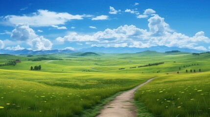 Fototapeta na wymiar illustration, the landscape of grass fields and blue sky, ai generative.