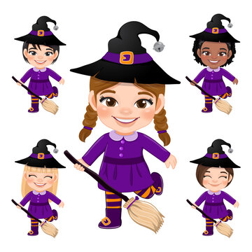 Set of Little witchs holding the broom, Halloween party cartoon character vector