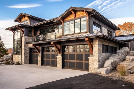 Modern Aesthetic: Majestic Newly Built Dwelling with Two-Car Garage and Coral Siding, Surrounded by Natural Stone Walls, generative AI