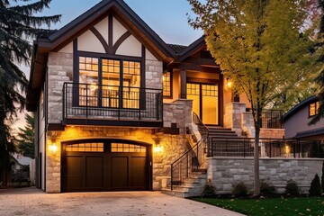 Cutting-Edge Opulent Property: Two-Car Garage, Beige Siding, and Natural Stone Staircase, generative AI