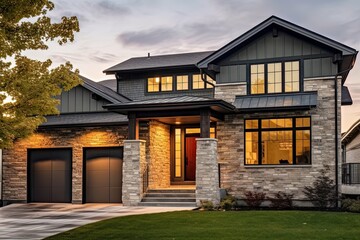 Contemporary Features Shine in this Refined Brand New Home with Single Car Garage, Green Siding, and Natural Stone Facade, generative AI