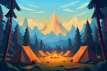 illustration, tourists at a campsite in the woods in summer, ai generative