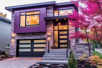 Contemporary Features: Refined Brand New Home with Purple Siding and Natural Stone Facade, Single Car Garage, generative AI