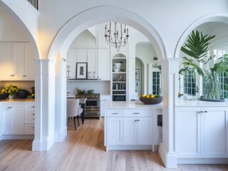 Renovated kitchen area with white furniture and arched entrance. Generative AI