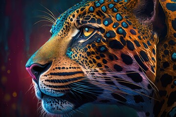 close up of a colorful jaguar, frame of a beautiful jaguar, generative ai