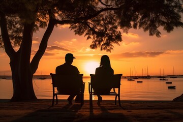 Fototapeta na wymiar illustration, silhouette, a couple watching the sunset, ai generative