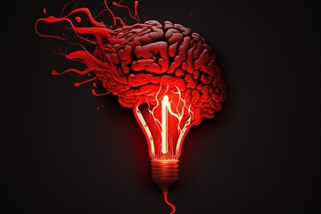 a stylized red brain with a connected light bulb, generative AI