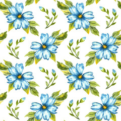 Watercolor illustration of a pattern of blue flowers with buds. Colors indigo, cobalt, sky blue and classic blue. Great pattern for kitchen, home decor, stationery, wedding invitations and clothing