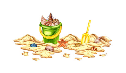 Watercolor illustration of sea beach green bucket and scoop. A sign of fun, joy, childhood, relaxation. Tropical marine clipart. Sandy surface for creating compositions for decorating souvenirs,  © AliCris