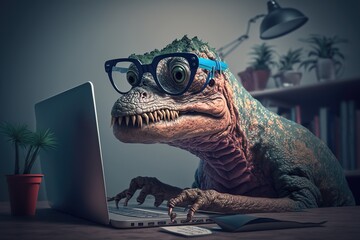 dinosaur working with glasses on the computer, generative AI