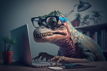dinosaur working with glasses on the computer, generative AI © Benetti Arts ™