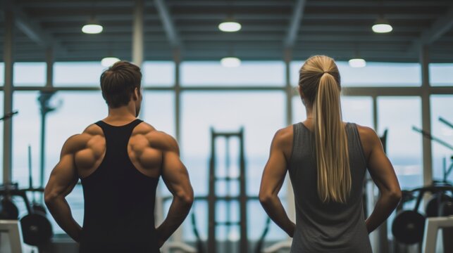 Illustration,of Fitness Man And Woman In Gym, Generative Ai.