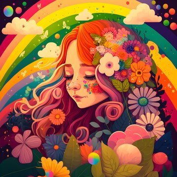 a girl made of flowers and rainbows cartoon style 