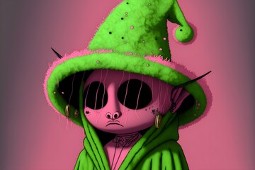 pink fluffy hat and pink robe green skin black eyes crying out black tar concept art 3d render 