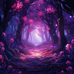 Purple forest with glowing flower