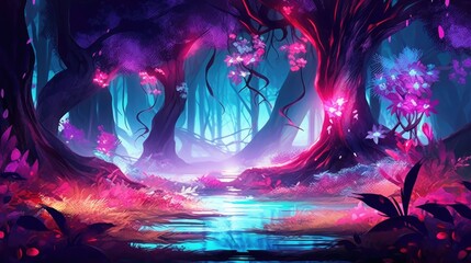 A purple Forest landscape with tree and flower