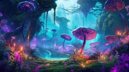 A purple Forest landscape with tree and flower