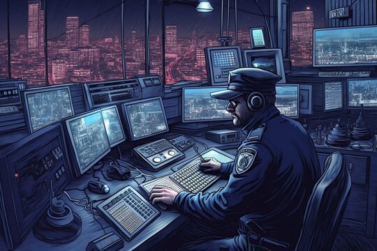 illustration, policeman working, monitoring the city, ai generative