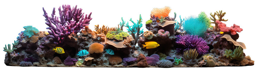 Colorful coral reef with marine flora and fauna over transparent background