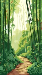 illustration, a path through a dense bamboo forest, ai generative