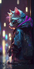 Futuristic Cyberpunk Street Cat City Midjourney AI Digital Art