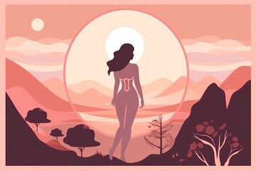 illustration, mystical woman silhouette in nature, generative ai
