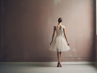 Beautiful ballerina standing near wall, back view.