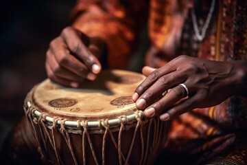 Fototapeta na wymiar illustration, musical drums of African culture, played by male hands,generative ai