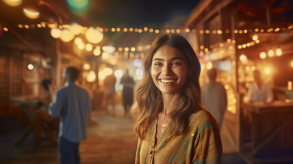 smiling excited, smiling at night market, party and nightlife, young adult woman, front view, close-up, female woman, fictional place