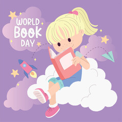 Cute girl character reading a book World book day template Vector illustration