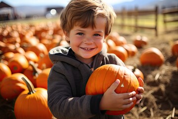 Fototapeta premium Little boy picking pumpkins on Halloween pumpkin patch