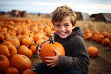  Little boy picking pumpkins on Halloween pumpkin patch - obrazy, fototapety, plakaty