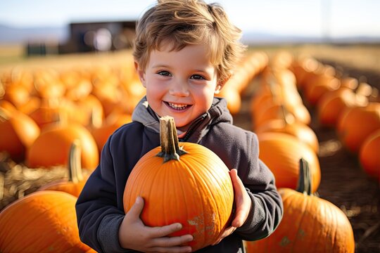  Little boy picking pumpkins on Halloween pumpkin patch