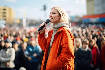 Photo of a woman speaking passionately at a political rally, holding a microphone in front of a large crowd - obrazy, fototapety, plakaty