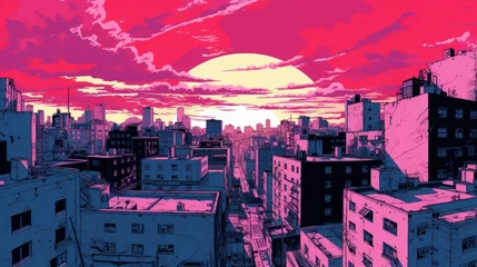 Fotobehang Bright cityscape in comic style. Tall skyscrapers of saturated and bright color. Generative AI © ColdFire
