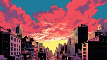 Bright cityscape in comic style. Tall skyscrapers of saturated and bright color. Generative AI