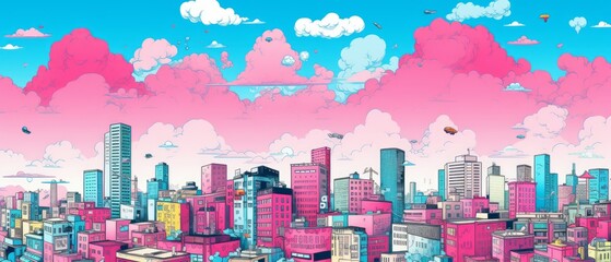 Bright cityscape in comic style. Tall skyscrapers of saturated and bright color. Generative AI