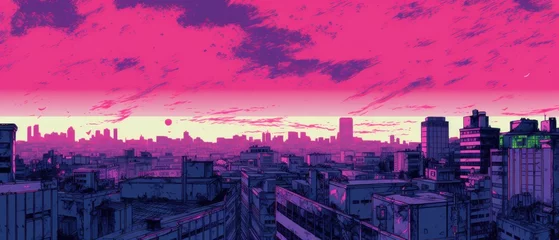 Foto op Plexiglas Bright cityscape in comic style. Tall skyscrapers of saturated and bright color. Generative AI © ColdFire