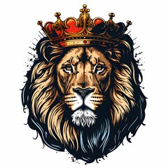 vector art of a lion face on royal looking with a crown on its head high contrast colors white background 