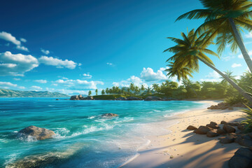 Fototapeta na wymiar Picturesque Tropical Scenic Beach with Palm Trees & Pristine Turquoise Water on a Sunny Summer Day 