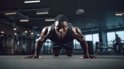 Fototapeta na wymiar a black afro-american athlete with healthy muscular body doing pushups in a gym while sweating and improving his physical body form. Generative AI