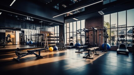 a photo of a interior of a modern fitness center gym club with a workout room with treadmills on a sunny day in the morning. Generative AI - obrazy, fototapety, plakaty