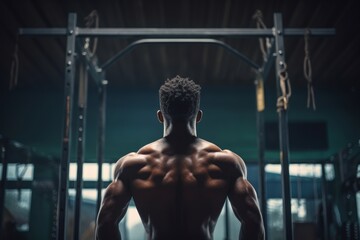 a black afro-american athlete with healthy muscular body preparing to do pullups on a horizontal bar in a gym while sweating and improving his physical body form. Generative AI - obrazy, fototapety, plakaty